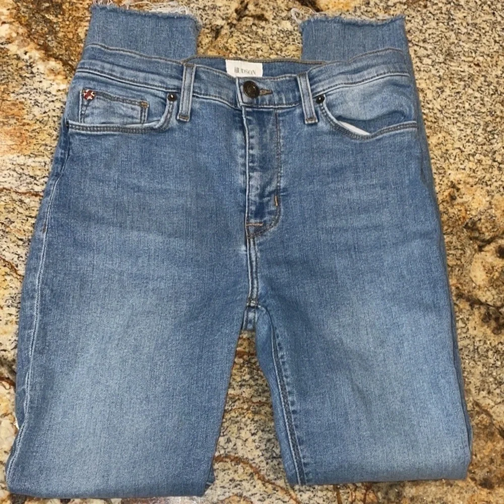 Hudson Blair Frayed Hem Distressed High Rise Skinny Jeans